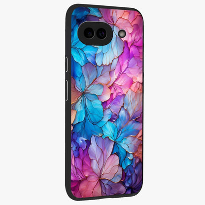 Radiant Floral Whirl Glass Case upright view showcasing lively floral artwork with decorative swirl theme.