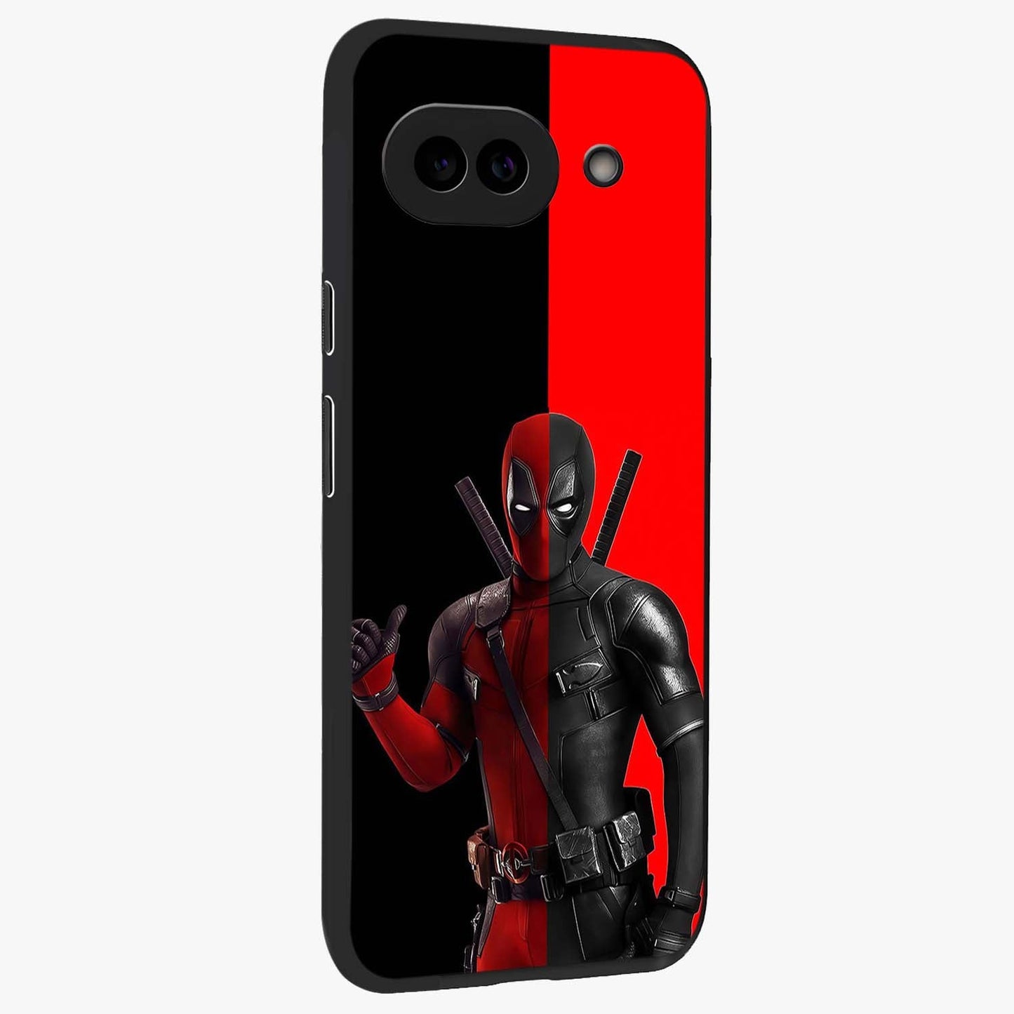 Red & Black Deadpool Theme Glass Case upright view showcasing energetic comic themed artwork with striking red and black design.