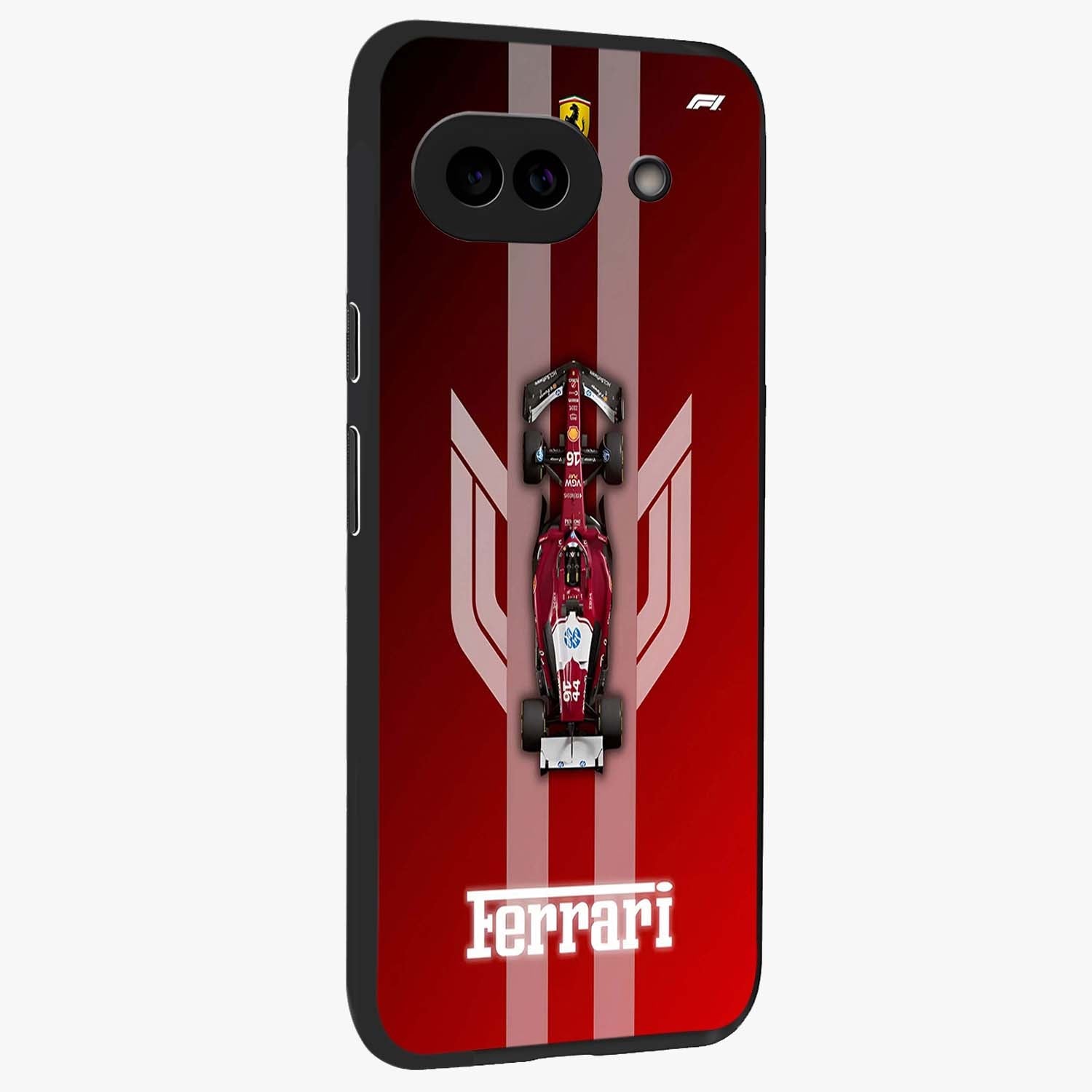Red Ferrari F1 Vertical Glass Case upright view showcasing powerful Formula car artwork with dynamic motorsport theme.