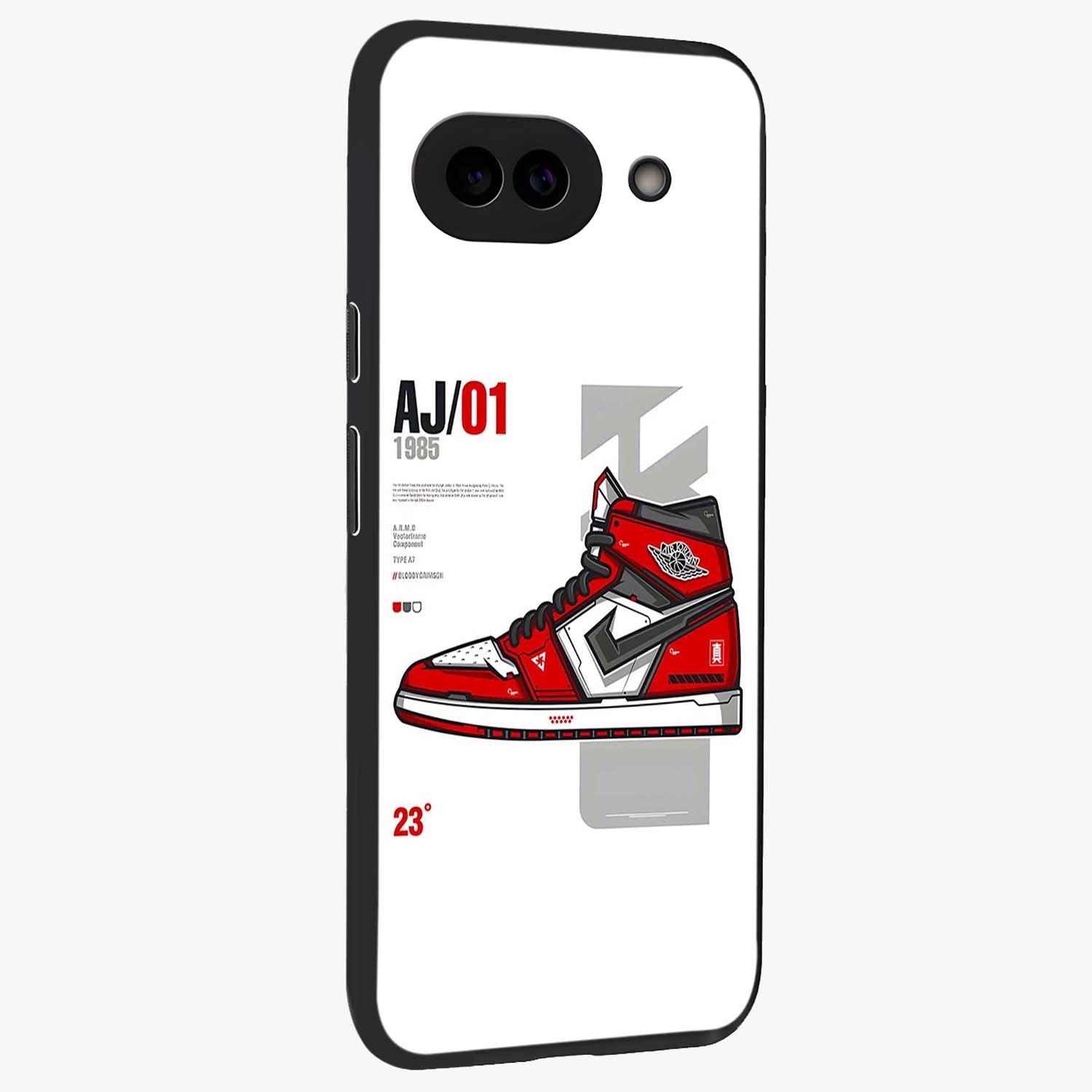 Retro Sneaker Blueprint Glass Case upright view showcasing stylish sneaker illustration with vintage streetwear theme.