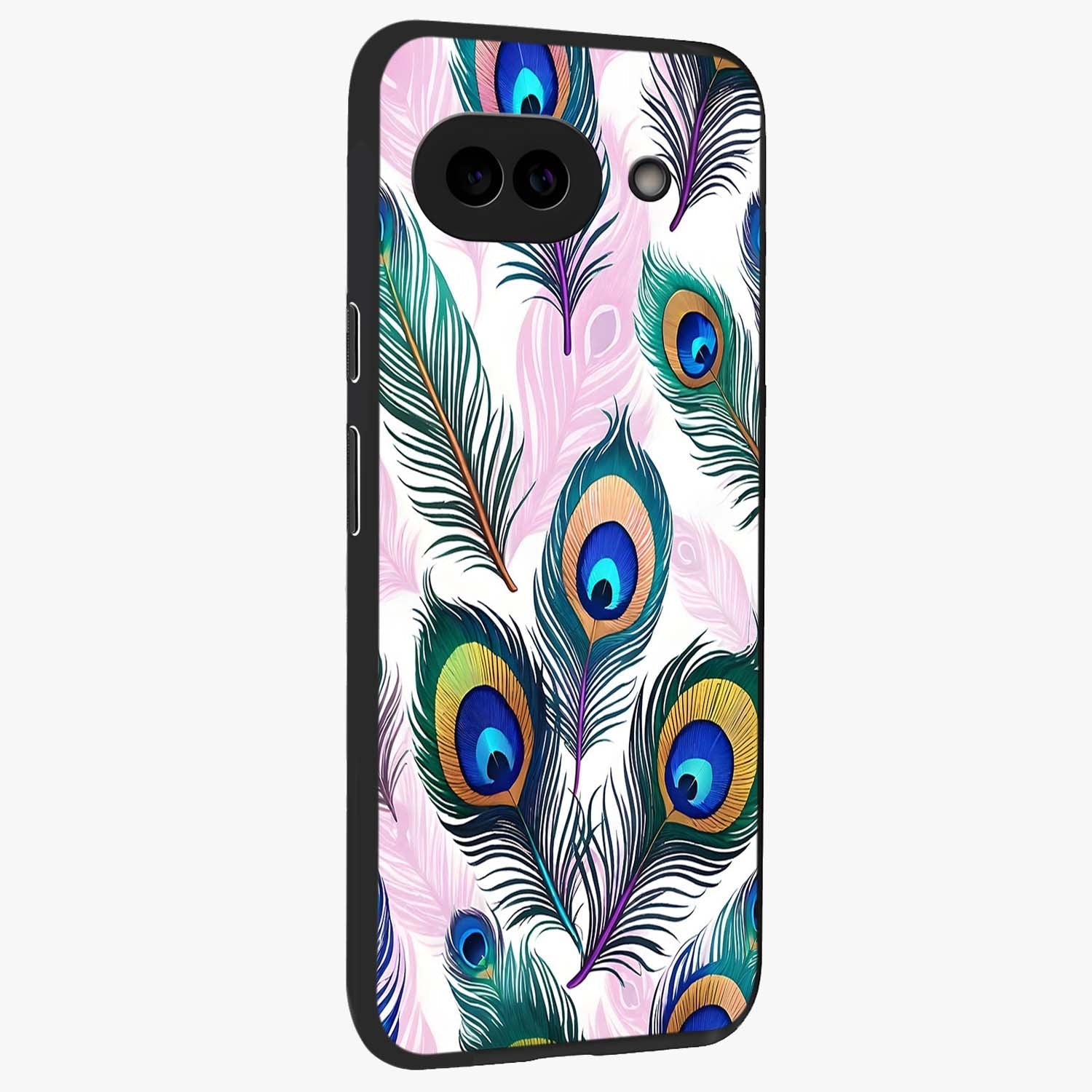 Royal Peacock Feathers Glass Case upright view showcasing elegant peacock feather artwork with decorative royal theme.