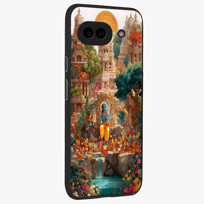 Sacred Sunlight Gods Glass Case upright view showcasing glowing divine artwork with sacred mythological theme.