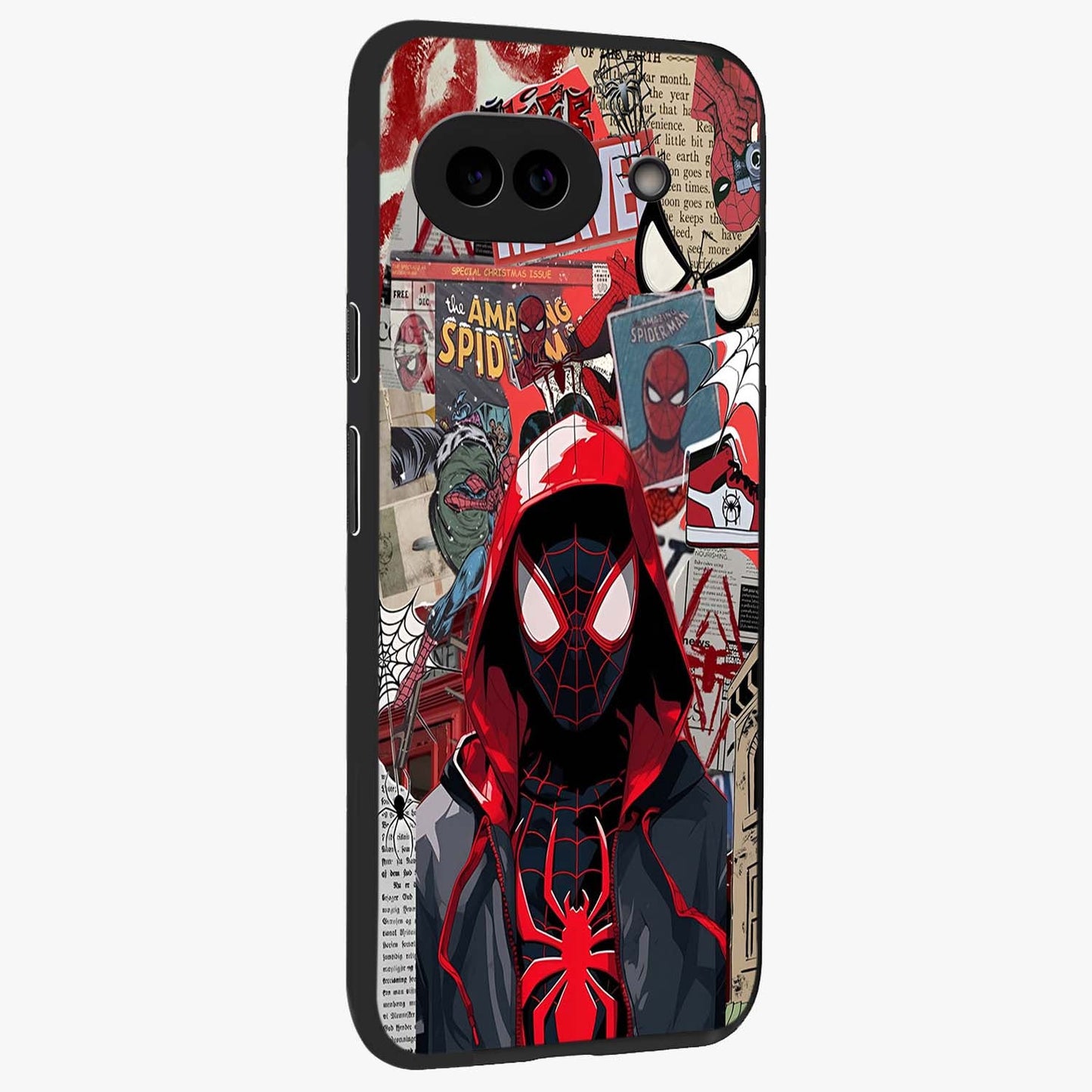 Spider Collage Street Glass Case upright view showcasing bold superhero artwork with urban street theme.