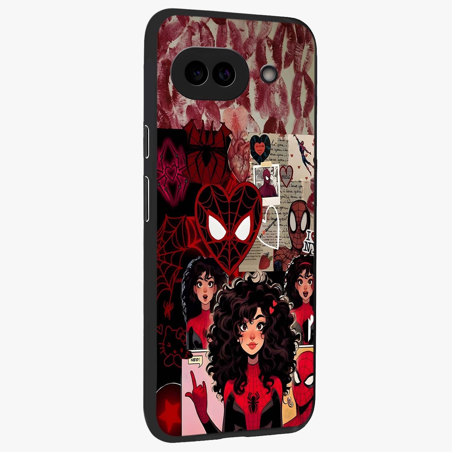 Spider Love Story Glass Case upright view showcasing charming superhero artwork with romantic comic theme.