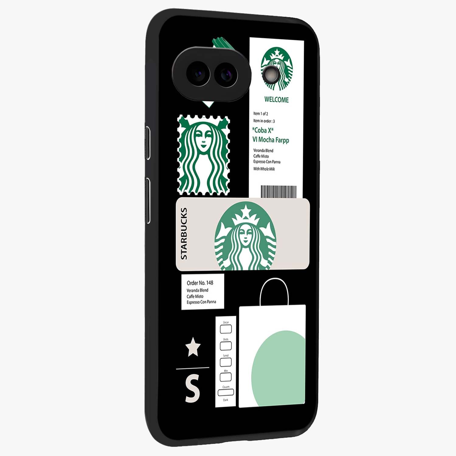 Starbucks Mocha Glass Case upright view showcasing trendy coffee inspired artwork with modern lifestyle theme.