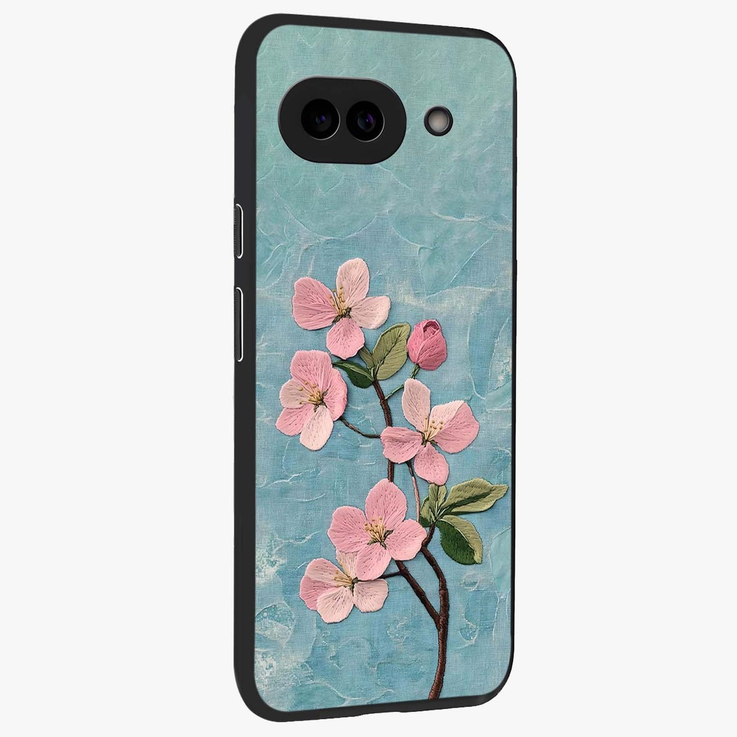 Threaded Blossom Breeze Glass Case upright view showcasing graceful flower artwork with calm botanical theme.