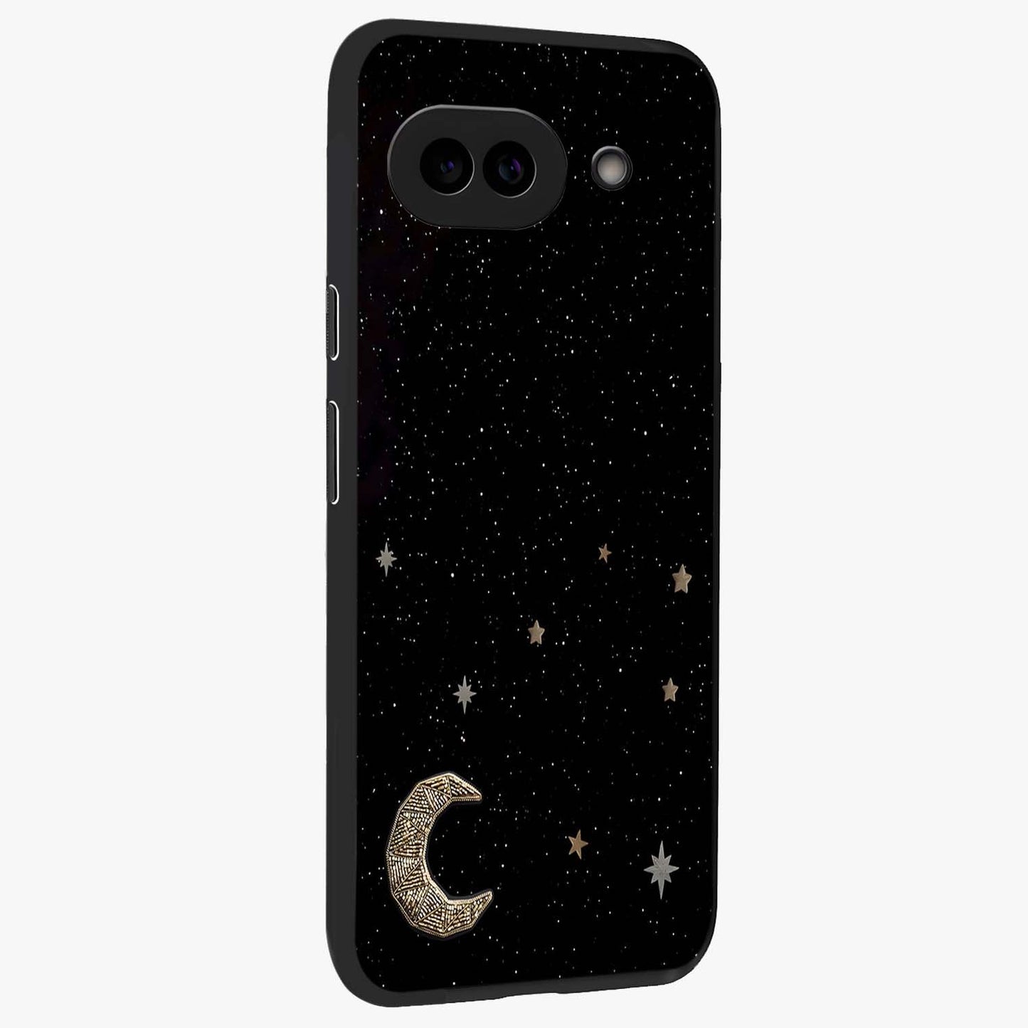 Twinkle Star With Half Moon Glass Case upright view showcasing glowing cosmic artwork with dreamy night theme.