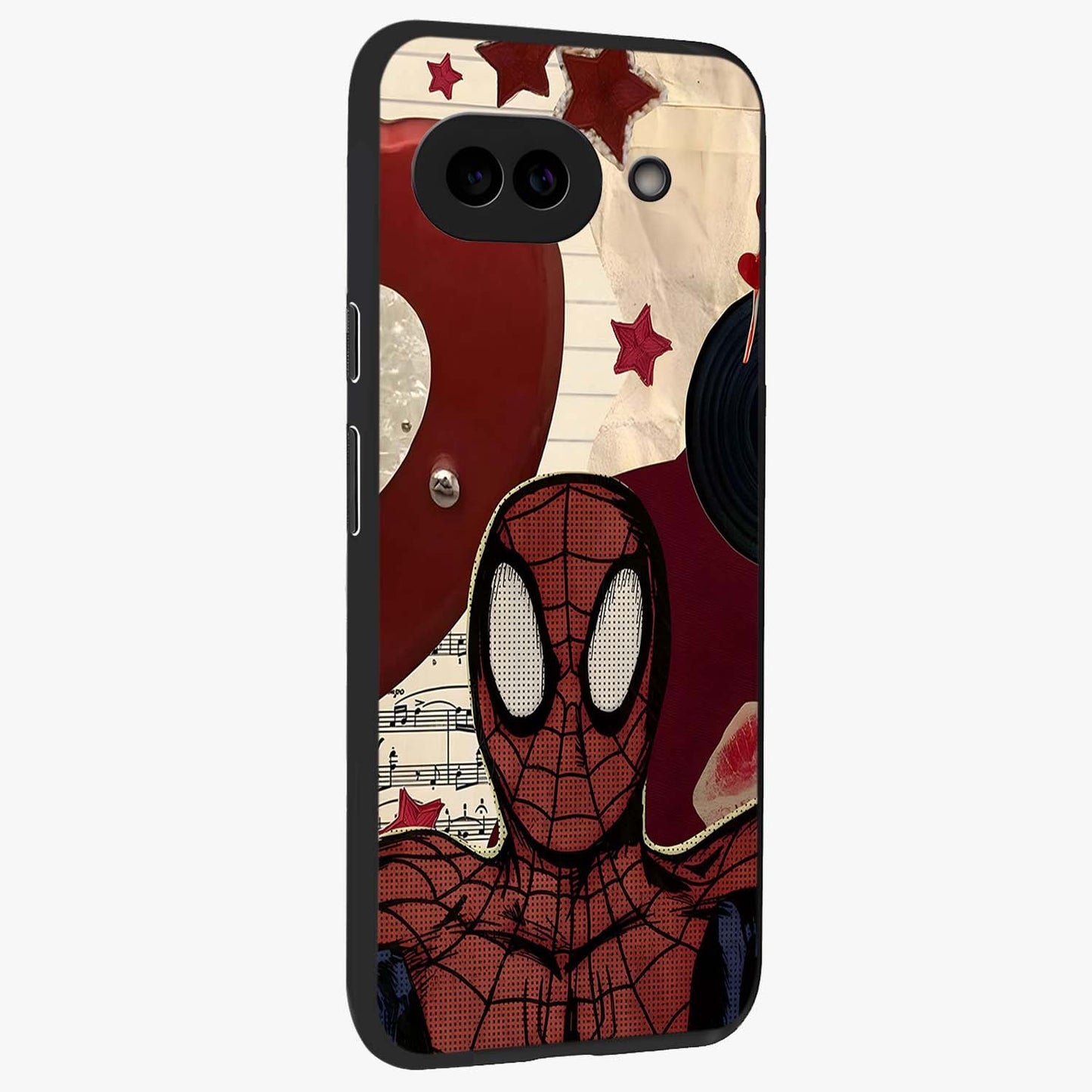 Web Warrior Vibes Glass Case upright view showcasing energetic superhero artwork with bold action theme.