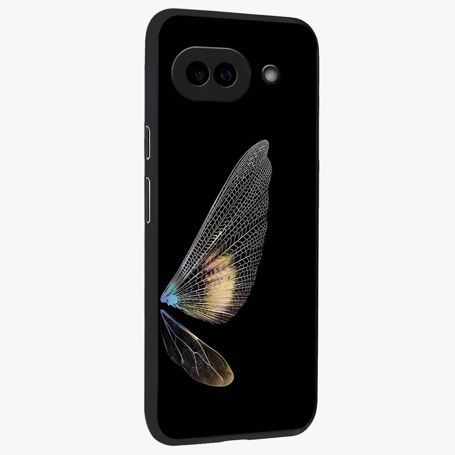 Whispers Of Wings Glass Case upright view showcasing elegant wing artwork with light airy theme.