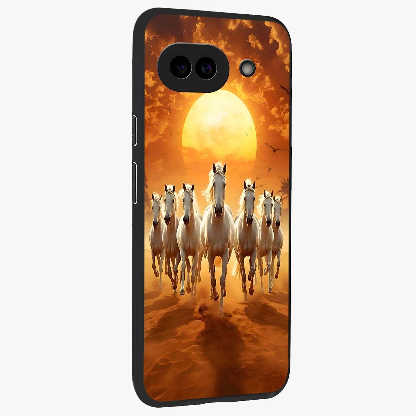 Wild Sunset Majesty Glass Case upright view showcasing dramatic sunset artwork with bold nature theme.