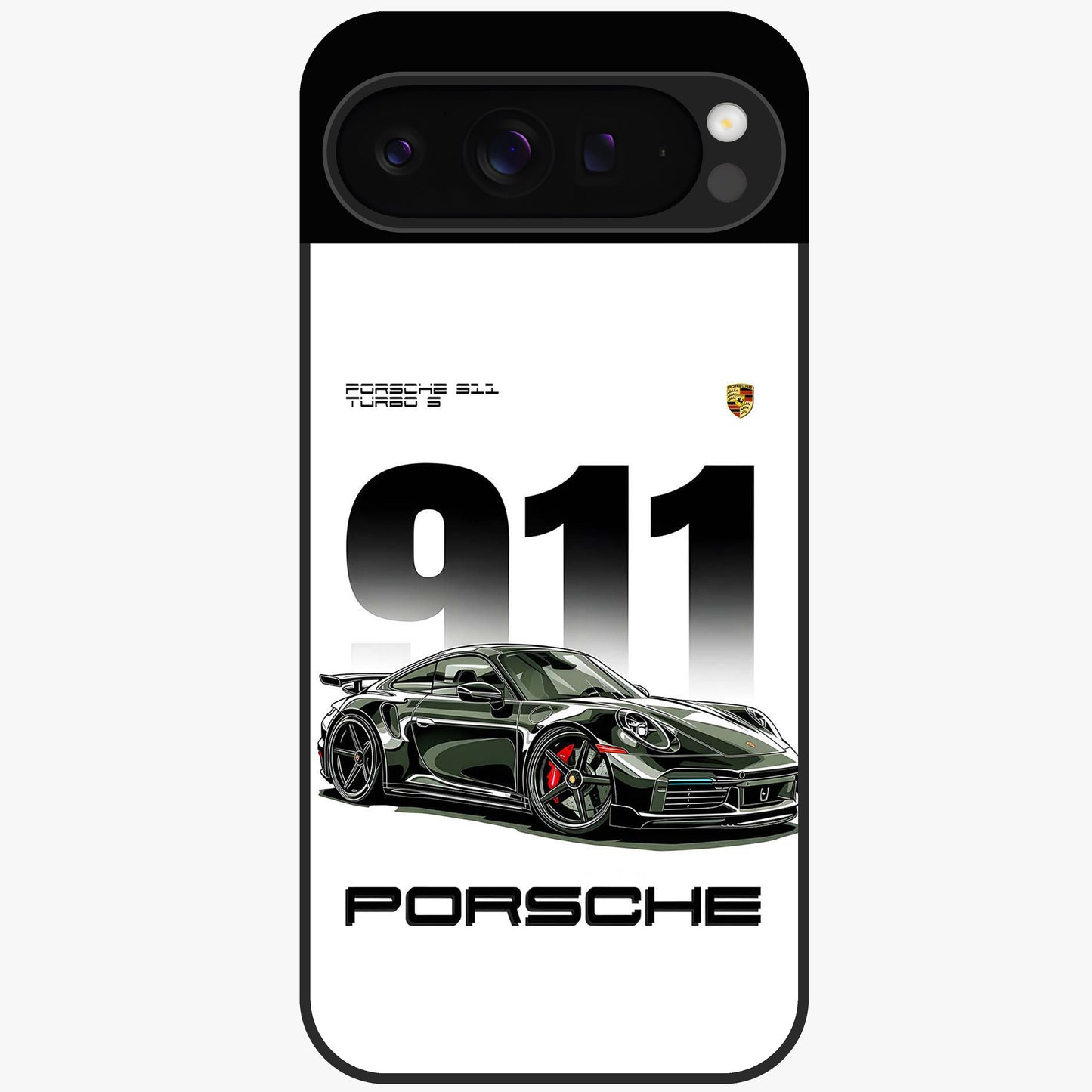 911 Turbo Dominance Glass Case showing clean flat back view with bold 911 sports car artwork and glossy glass finish.