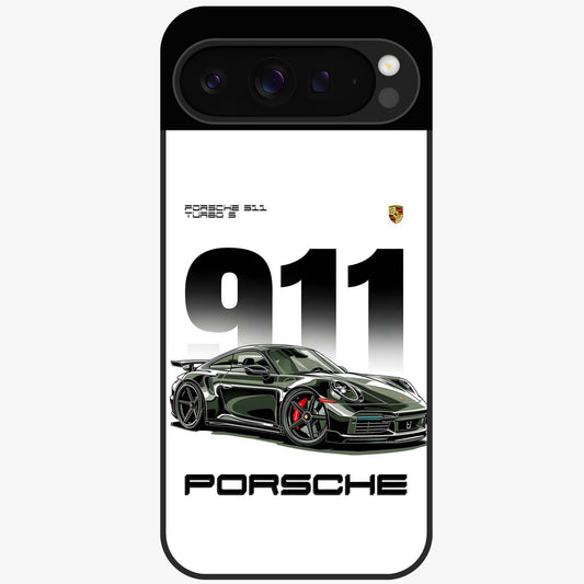 911 Turbo Dominance Glass Case showing clean flat back view with bold 911 sports car artwork and glossy glass finish.