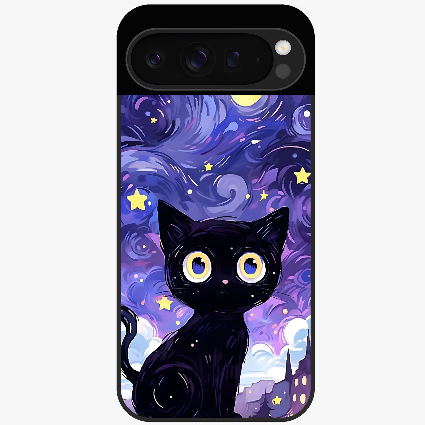 Abstract Cat Art Glass Case showing flat back view with artistic cat illustration and glossy glass finish.