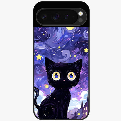 Abstract Cat Art Glass Case showing flat back view with artistic cat illustration and glossy glass finish.
