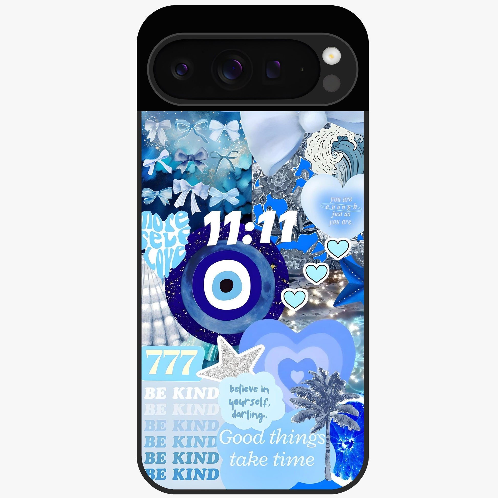 Aesthetic Be Kind Eye Glass Case showing flat back view with motivational eye artwork and glossy glass finish.