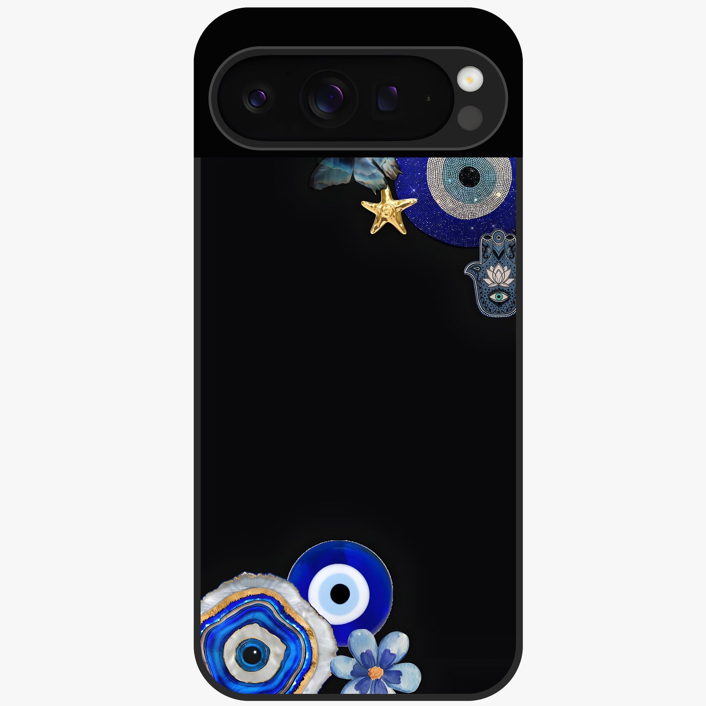 Aesthetic Blue Evil Eye Glass Case showing flat back view with protective evil eye artwork and glossy glass finish.