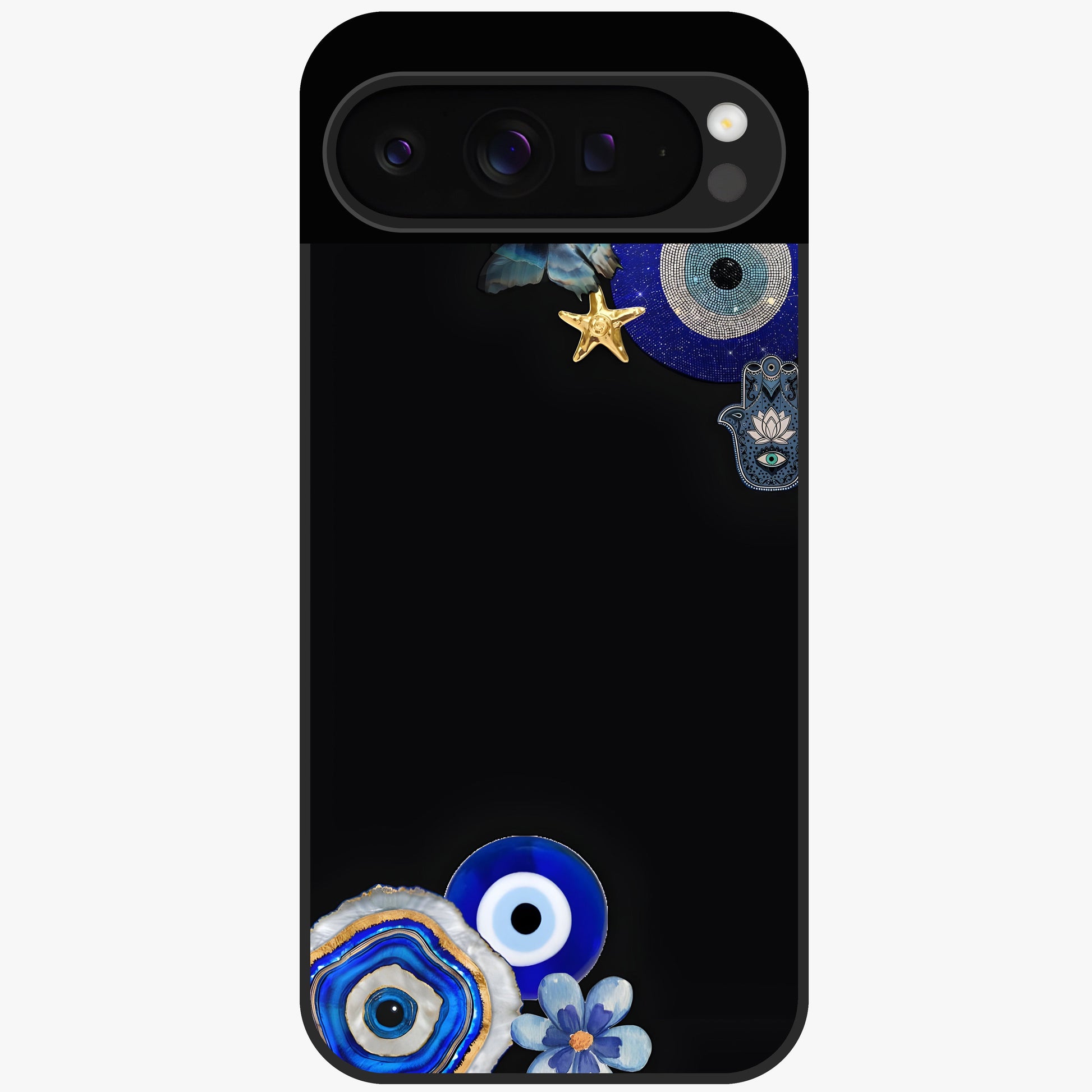 Aesthetic Blue Evil Eye Glass Case showing flat back view with protective evil eye artwork and glossy glass finish.