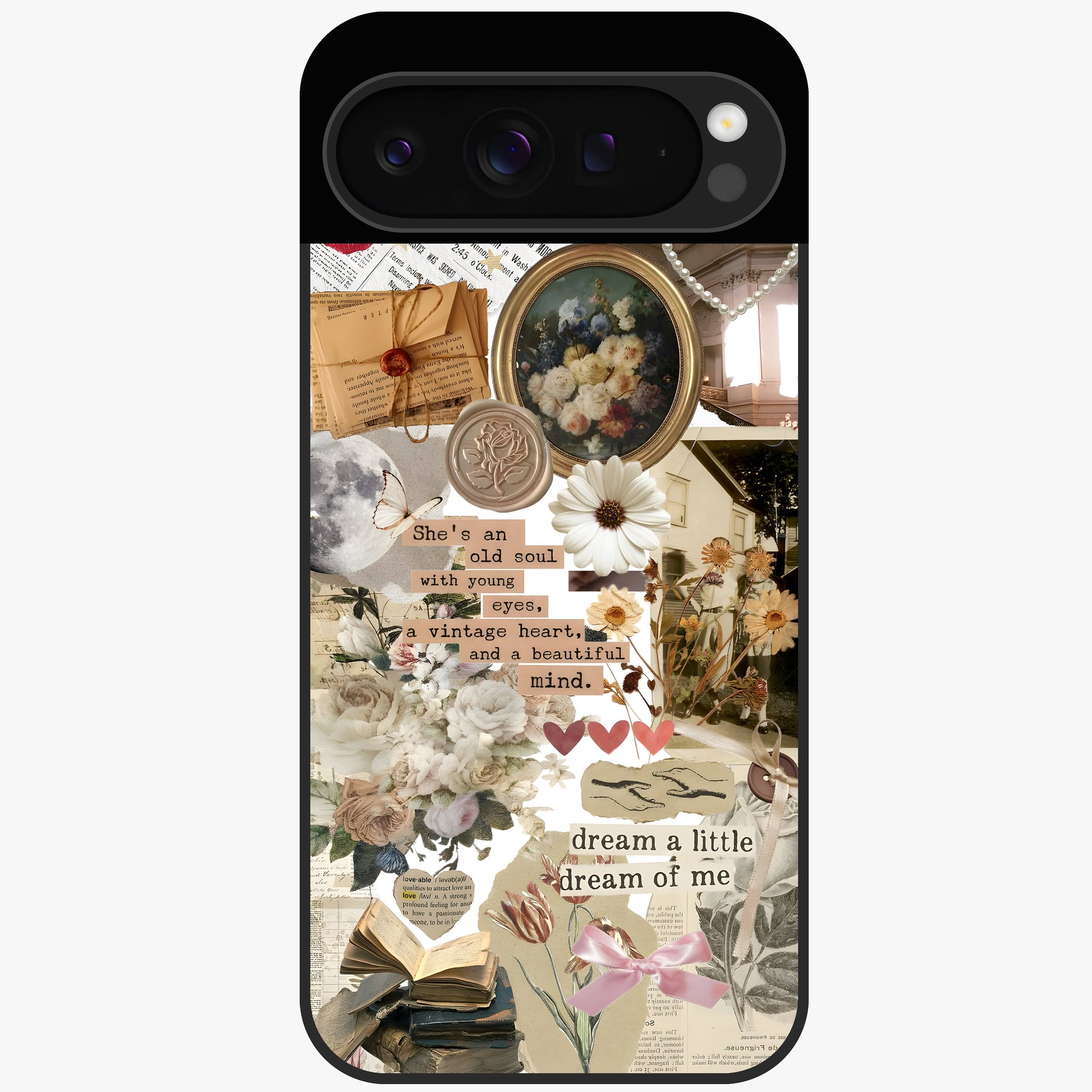 Aesthetic Brown Vintage Collage Glass Case showing flat back view with retro collage artwork and glossy glass finish.