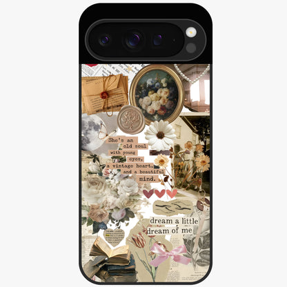 Aesthetic Brown Vintage Collage Glass Case showing flat back view with retro collage artwork and glossy glass finish.