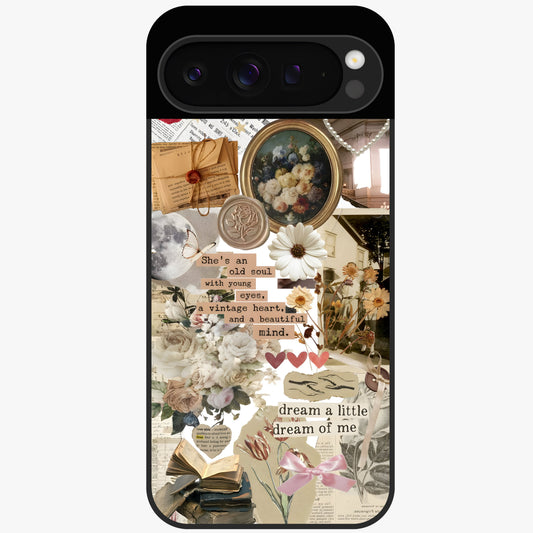 Aesthetic Brown Vintage Collage Glass Case showing flat back view with retro collage artwork and glossy glass finish.