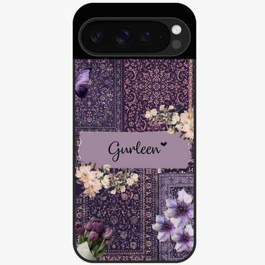 Antique Floral Whisper Custom Name Glass Case showing flat back view with vintage floral artwork and personalized name design.