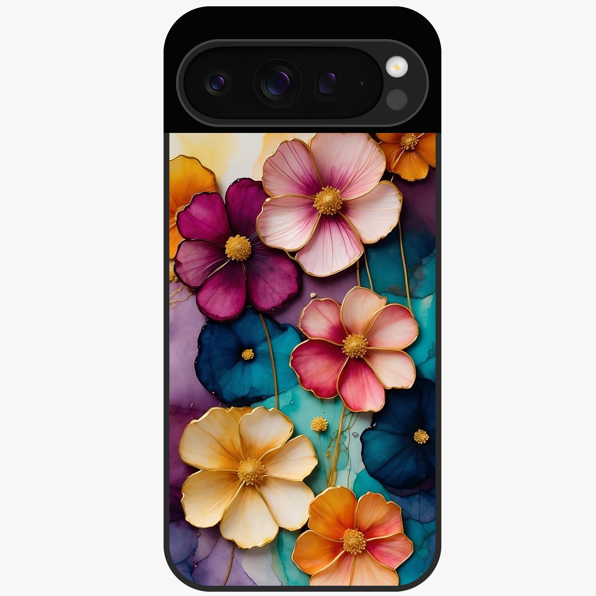 Artlyn Grace Flower Pattern Glass Case showing flat back view with elegant floral pattern artwork and glossy glass finish.