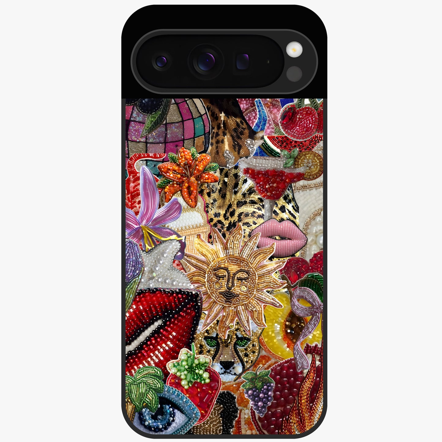 Beaded Fashion Jungle Glass Case showing flat back view with vibrant jungle inspired bead artwork and glossy glass finish.