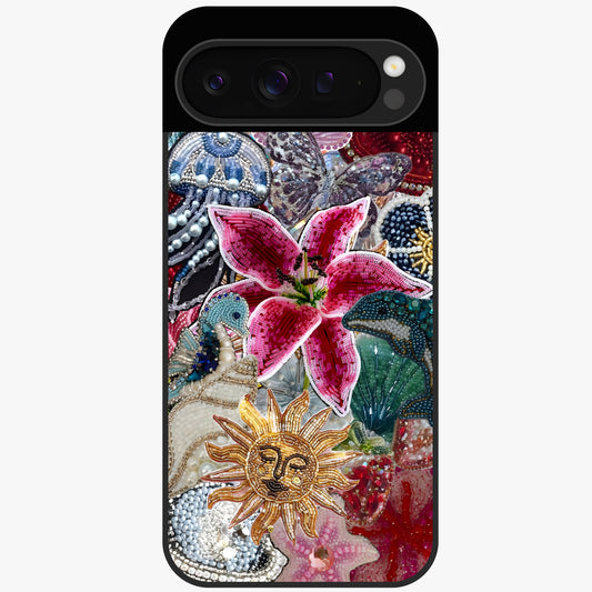 Beaded Garden Fantasy Glass Case showing flat back view with dreamy garden bead artwork and glossy glass finish.