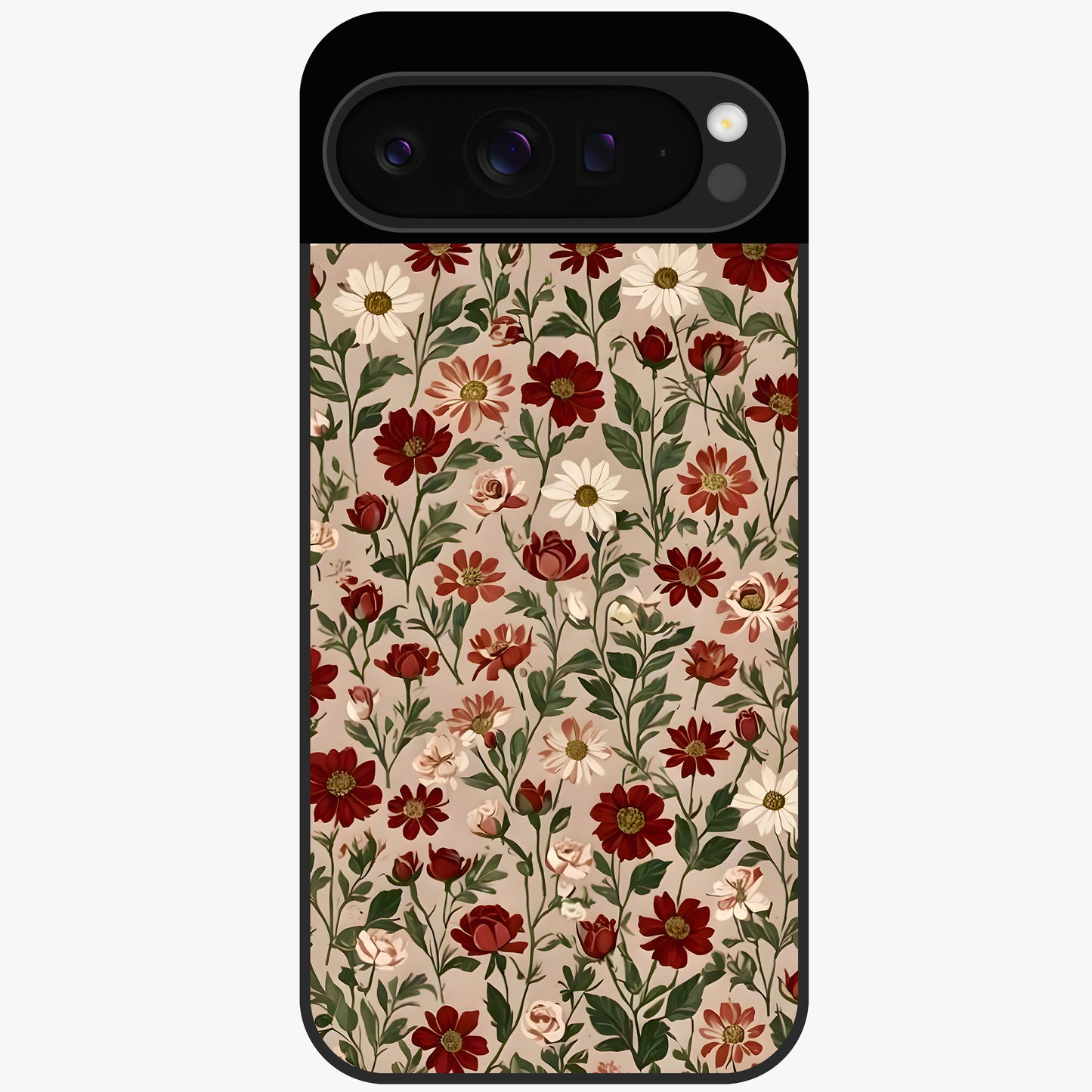 Biege Flower With Leaf Glass Case showing flat back view with soft beige floral artwork and glossy glass finish.