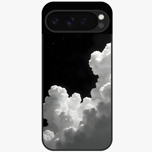 Black Background With White Cloud Glass Case showing flat back view with minimal cloud artwork on dark background and glossy glass finish.