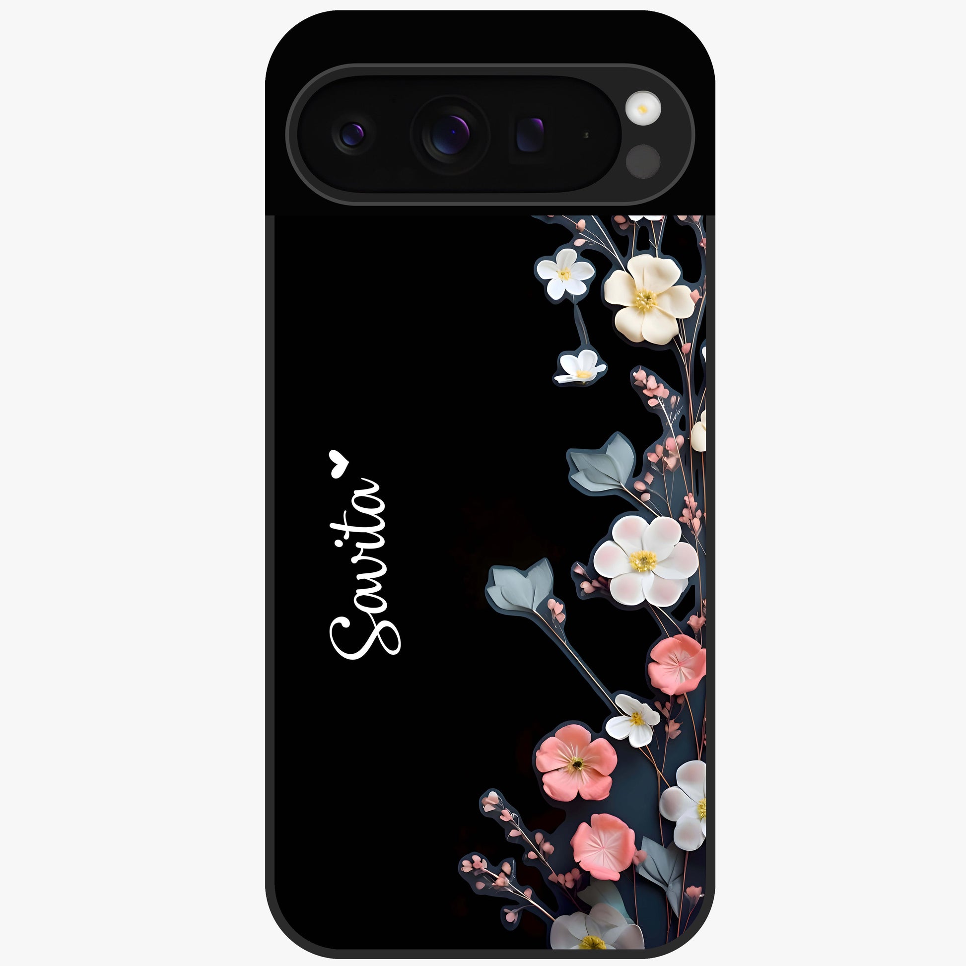Black Elegance Floral Custom Name Glass Case showing flat back view with elegant floral artwork and personalized name design.