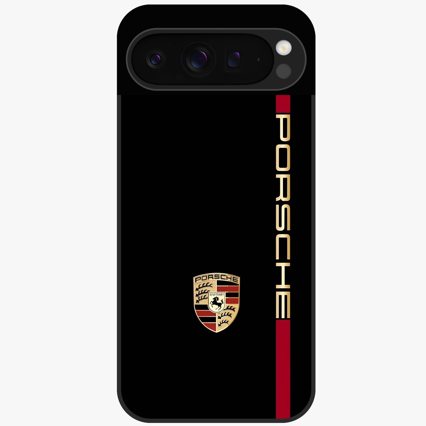 Black Minimal Porsche Glass Case showing flat back view with sleek minimal sports car artwork and glossy glass finish.