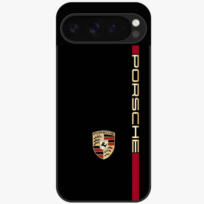 Black Minimal Porsche Glass Case showing flat back view with sleek minimal sports car artwork and glossy glass finish.