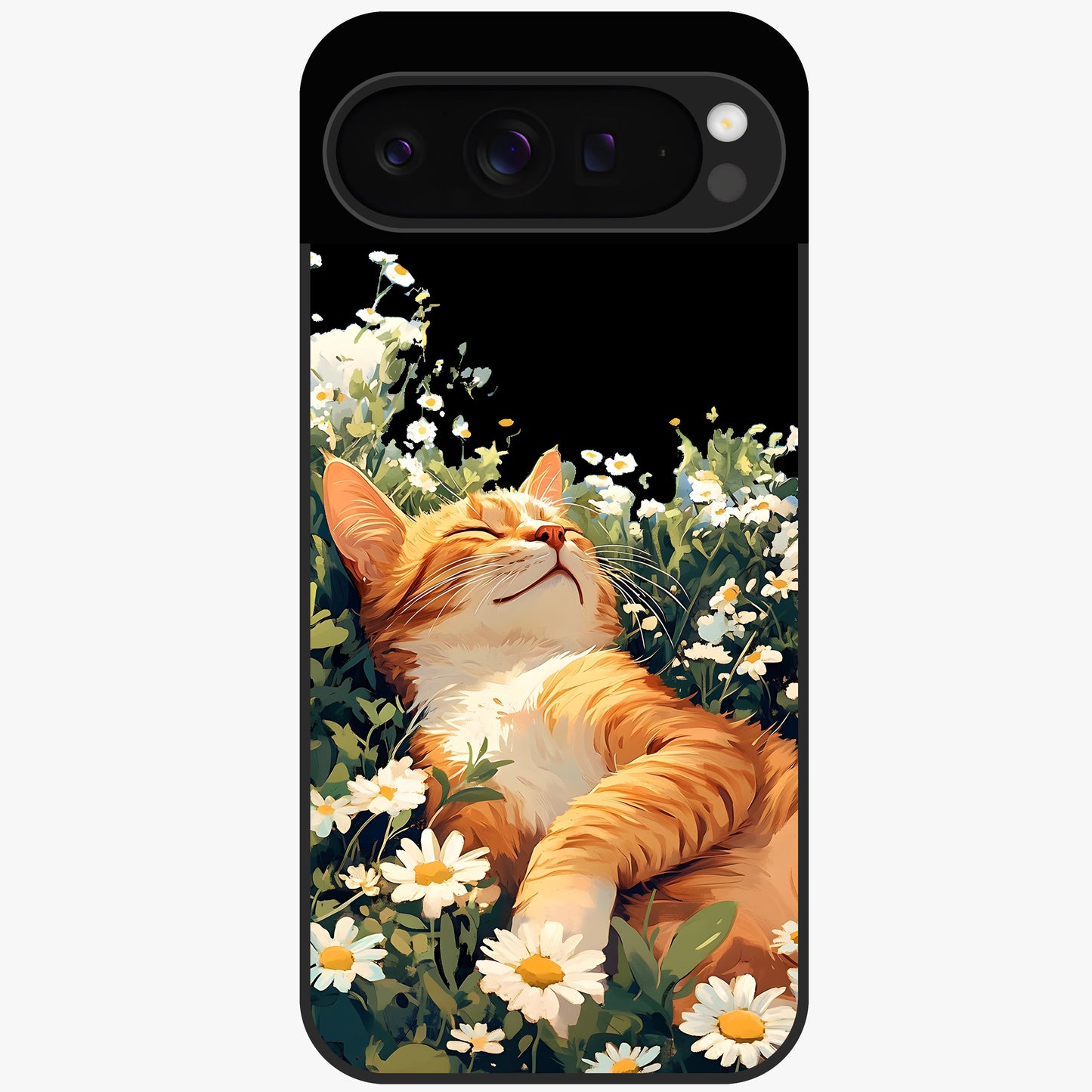 Blissful Bloom Cat Glass Case showing flat back view with cute cat and floral bloom artwork and glossy glass finish.