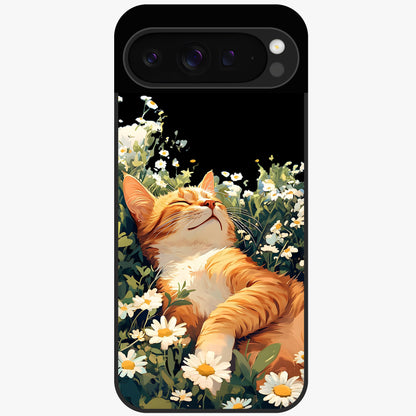 Blissful Bloom Cat Glass Case showing flat back view with cute cat and floral bloom artwork and glossy glass finish.