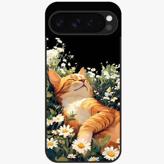 Blissful Bloom Cat Glass Case showing flat back view with cute cat and floral bloom artwork and glossy glass finish.