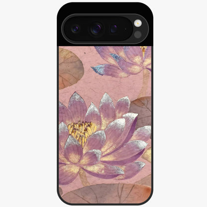 Blossom Mist Lotus Glass Case showing flat back view with serene lotus blossom artwork and glossy glass finish.