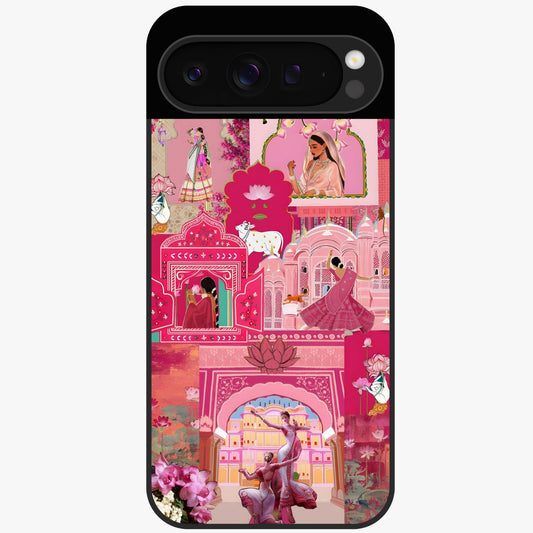 Blossoms of Rajasthan Glass Case showing flat back view with traditional floral artwork inspired by Rajasthan and glossy glass finish.