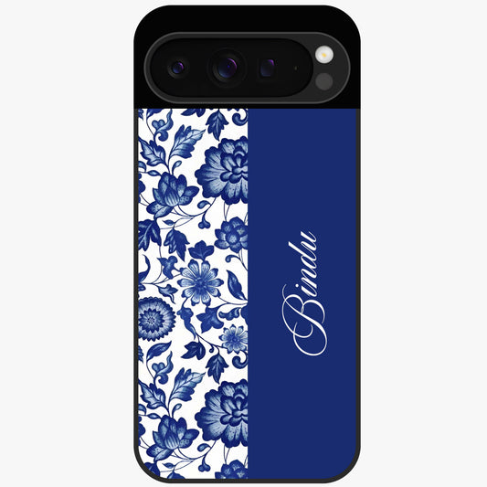 Blue Vintage Floral Pattern Glass Case upright view showcasing timeless floral illustration with vintage inspired style.