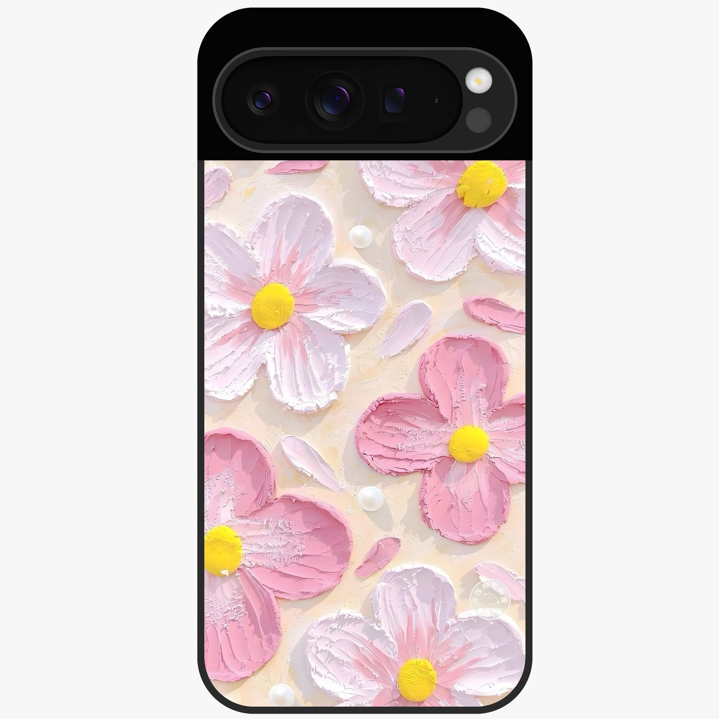 Blush Bloom Texture Glass Case showing flat back view with soft blush floral texture artwork and glossy glass finish.