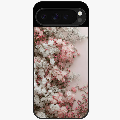 Blush Blossom Cloud Glass Case showing flat back view with dreamy blush cloud blossom artwork and glossy glass finish.
