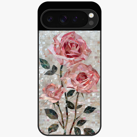 Blush Mosaic Bloom Glass Case showing flat back view with mosaic floral bloom artwork and glossy glass finish.