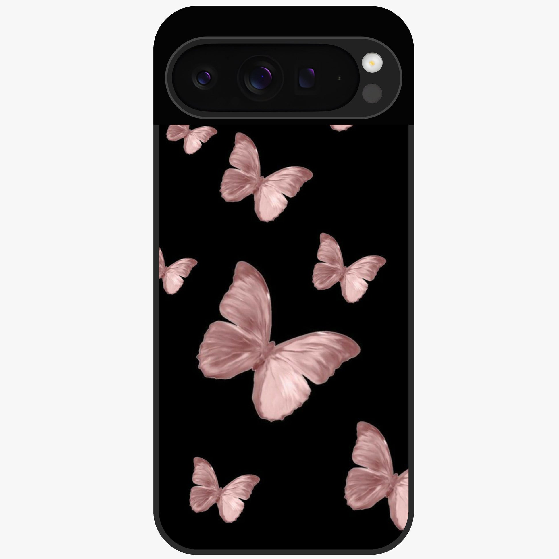 Butterfly Pattern Glass Case showing flat back view with elegant butterfly pattern artwork and glossy glass finish.