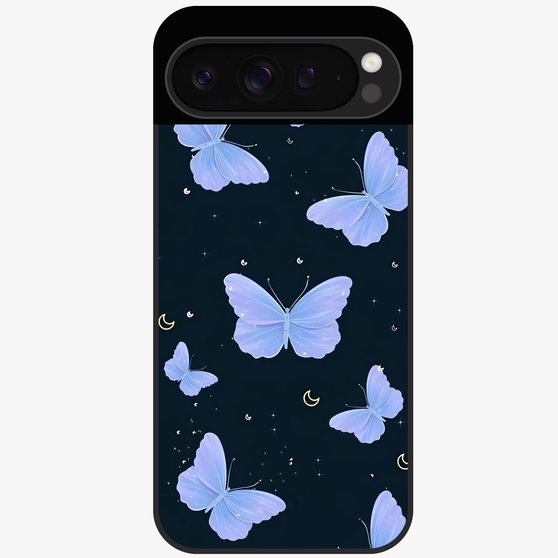 Butterfly With Stars Pattern Glass Case showing flat back view with butterfly and star pattern artwork and glossy glass finish.