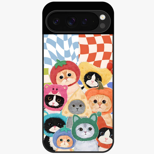 Cats in Fruits Glass Case showing flat back view with playful cat illustrations inside fruit artwork and glossy glass finish.