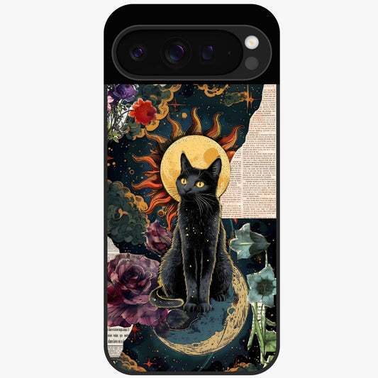 Celestial Black Cat Glass Case showing flat back view with mystical black cat artwork and glossy glass finish.
