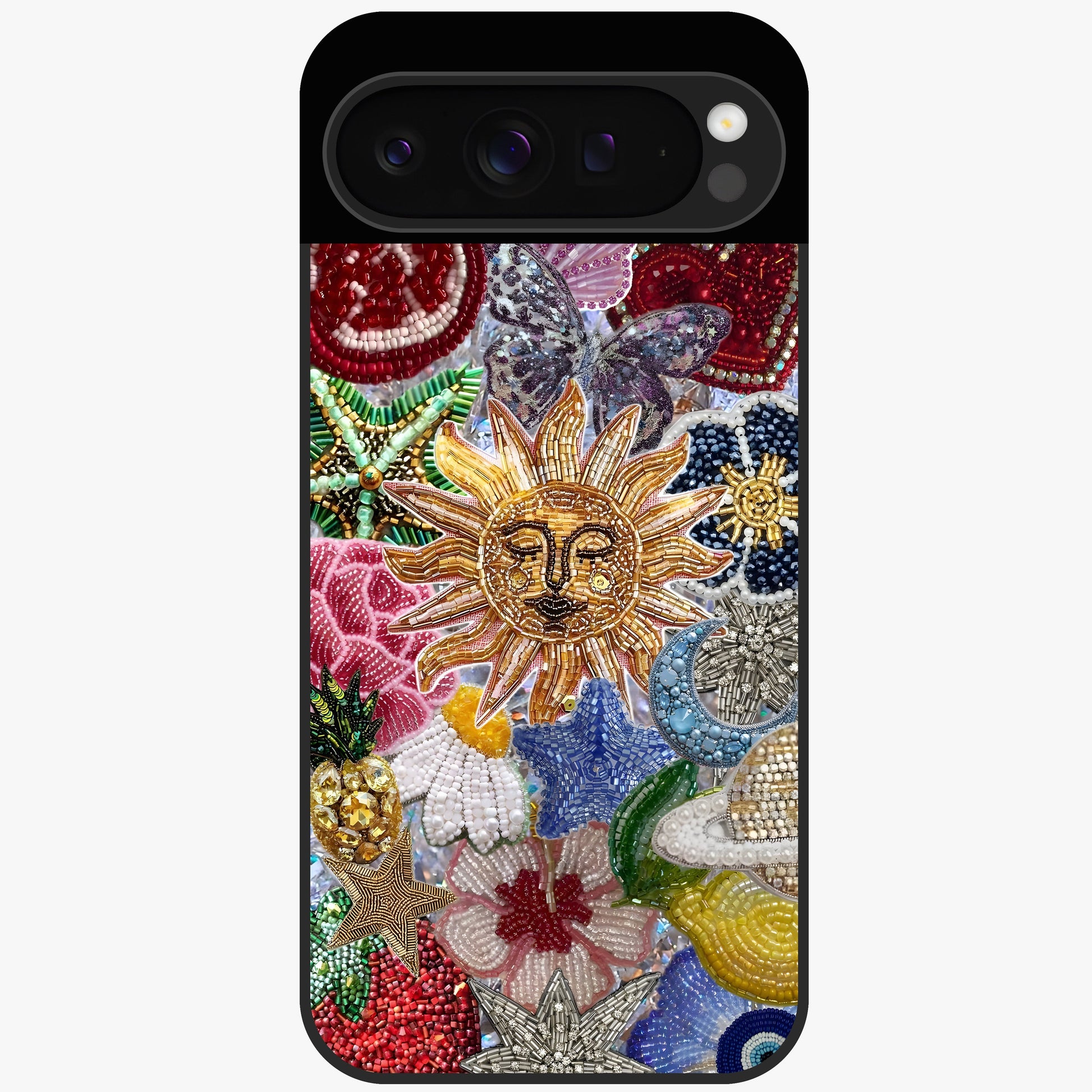 Celestial Floral and Playful Glass Case showing flat back view with floral and celestial themed artwork and glossy glass finish.