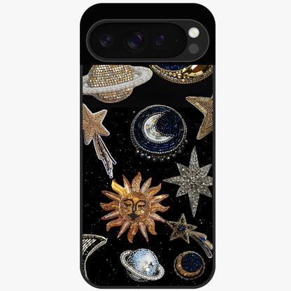 Celestial Gem Constellations Glass Case showing flat back view with sparkling constellation artwork and glossy glass finish.