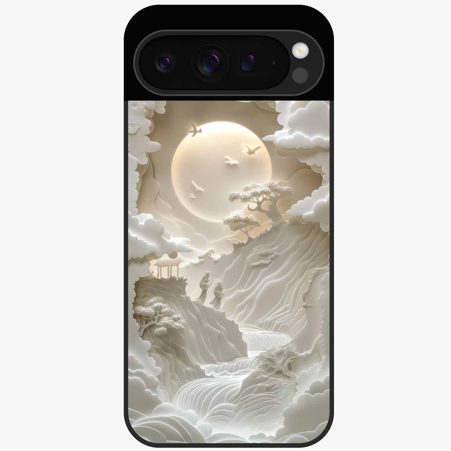 Celestial Origami Glass Case showing flat back view with artistic origami inspired celestial artwork and glossy glass finish.