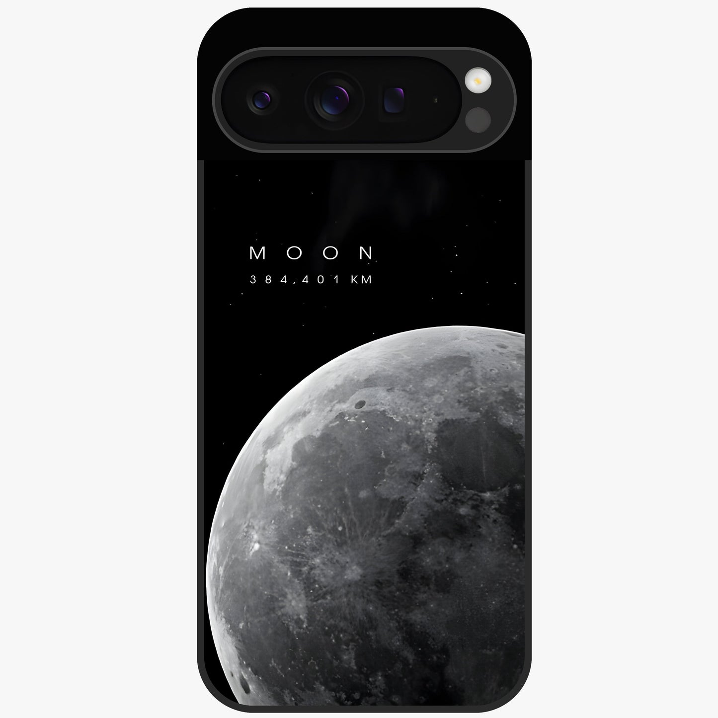 Cosmic Moon Glow Glass Case showing flat back view with glowing moon artwork and glossy glass finish.